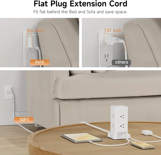 Alt view image 6 of 7 - Power Strip Tower with 8 AC Outlets & 4 USB Ports (2 USB-C), 3M Extension Cord & Surge Protection for Home Office Desk, White