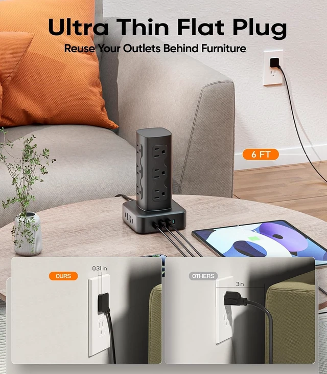 Alt view image 5 of 7 - 100W Charging Station Power Strip Tower with 12 AC Outlets & 8 USB Ports