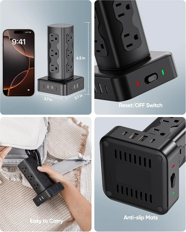 Alt view image 6 of 7 - 100W Charging Station Power Strip Tower with 12 AC Outlets & 8 USB Ports
