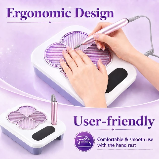 Alt view image 3 of 7 - 3-in-1 Nail Dust Collector with 40,000RPM Electric Drill & Lamp, High Suction Vacuum for Home Salon, Purple