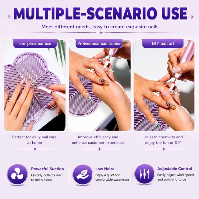 Alt view image 7 of 7 - 3-in-1 Nail Dust Collector with 40,000RPM Electric Drill & Lamp, High Suction Vacuum for Home Salon, Purple