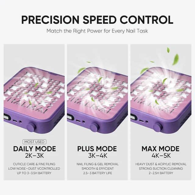 Alt view image 5 of 7 - Rechargeable Cordless Nail Dust Collector with 800Pa Suction & 5000 RPM Brushless Motor, Reusable HEPA Filter, Mauve Violet