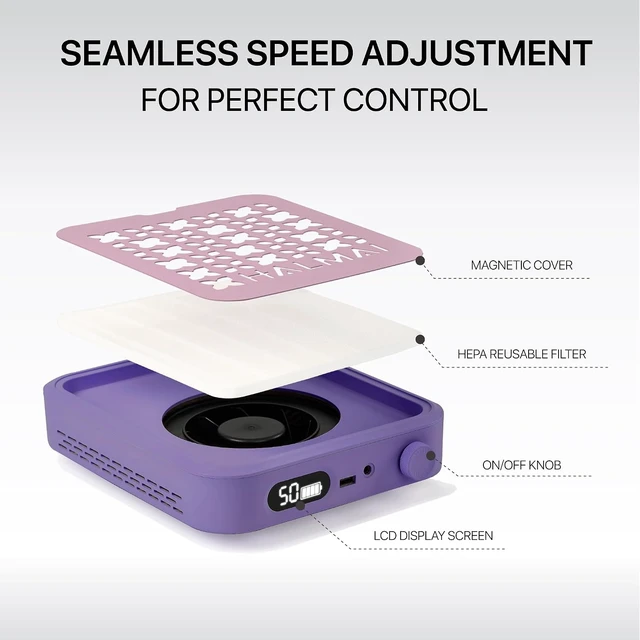 Alt view image 6 of 7 - Rechargeable Cordless Nail Dust Collector with 800Pa Suction & 5000 RPM Brushless Motor, Reusable HEPA Filter, Mauve Violet