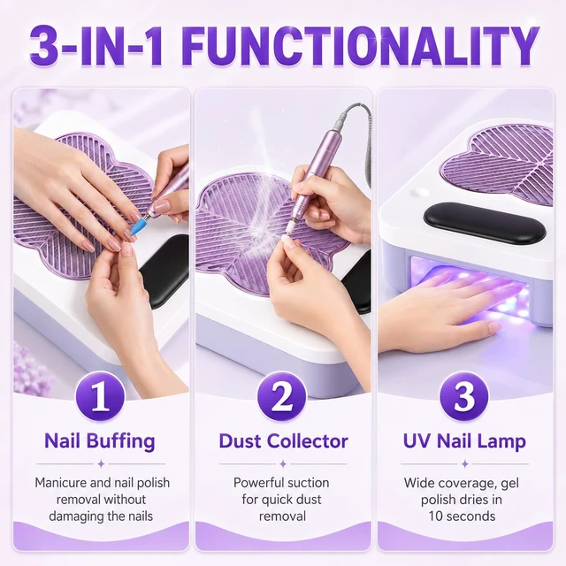 Alt view image 2 of 7 - 3-in-1 Nail Dust Collector with 40,000RPM Electric Drill & Lamp, High Suction Vacuum for Home Salon, Purple