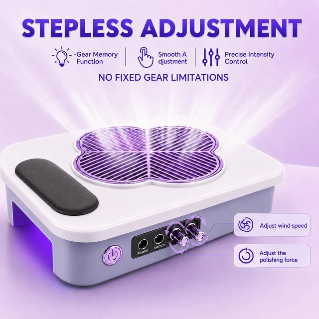 Alt view image 4 of 7 - 3-in-1 Nail Dust Collector with 40,000RPM Electric Drill & Lamp, High Suction Vacuum for Home Salon, Purple