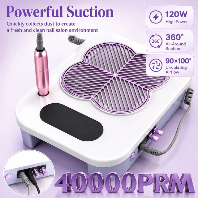 Alt view image 5 of 7 - 3-in-1 Nail Dust Collector with 40,000RPM Electric Drill & Lamp, High Suction Vacuum for Home Salon, Purple