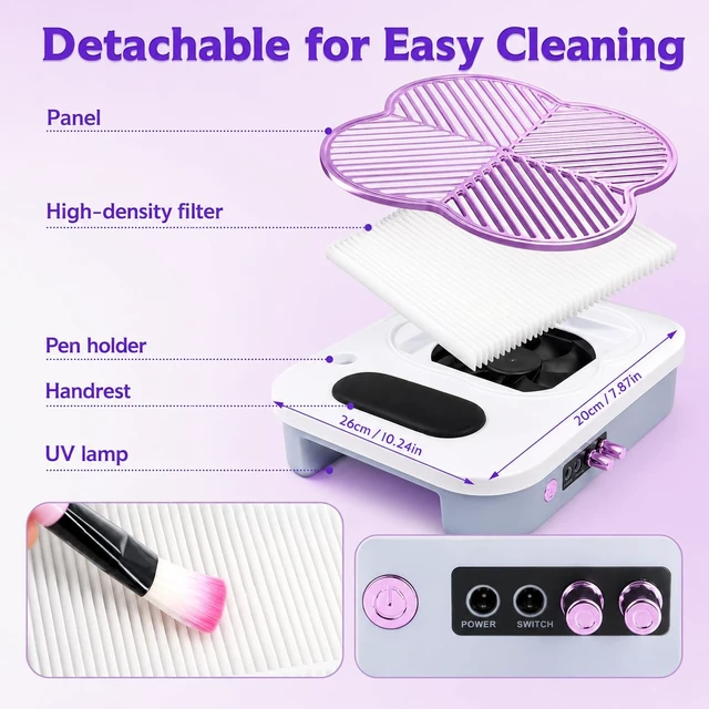 Alt view image 6 of 7 - 3-in-1 Nail Dust Collector with 40,000RPM Electric Drill & Lamp, High Suction Vacuum for Home Salon, Purple