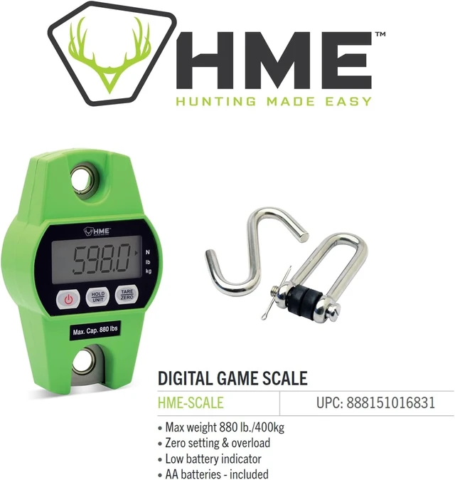 Alt view image 5 of 5 - Hunting Digital Hanging Scale with Tare Function, Max 400kg/880lb, Iron Hook, 2 Batteries Included