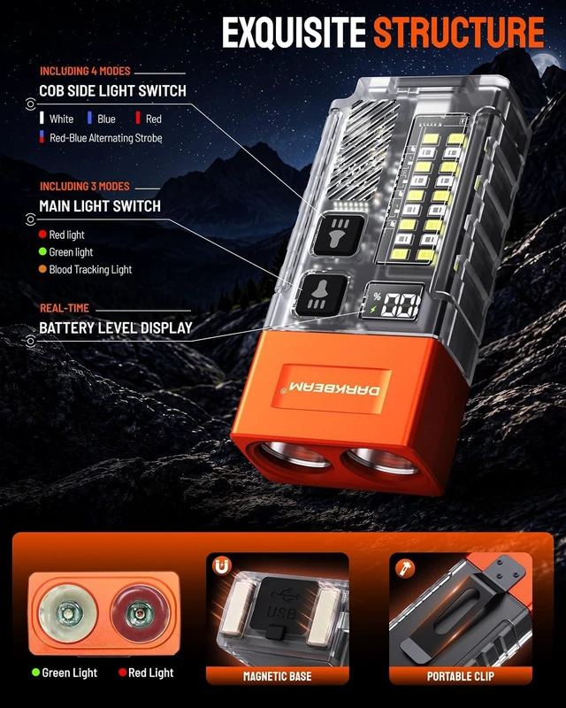 Alt view image 2 of 7 - Rechargeable Red & Green COB LED Blood-Tracking Flashlight