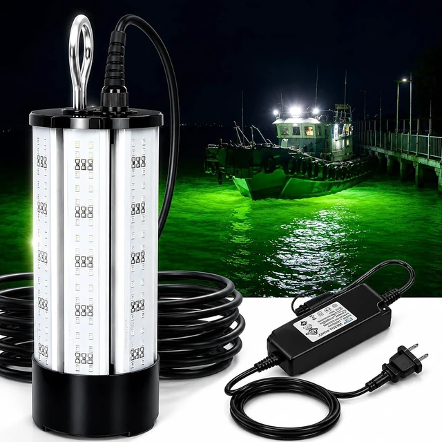 Main image of 60W 7500LM Underwater Fishing Light, 530nm Green Submersible with 30FT Cord & 12V DC Adapter for Night Fishing, Dock & Boat