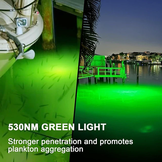 Alt view image 2 of 7 - 60W 7500LM Underwater Fishing Light, 530nm Green Submersible with 30FT Cord & 12V DC Adapter for Night Fishing, Dock & Boat