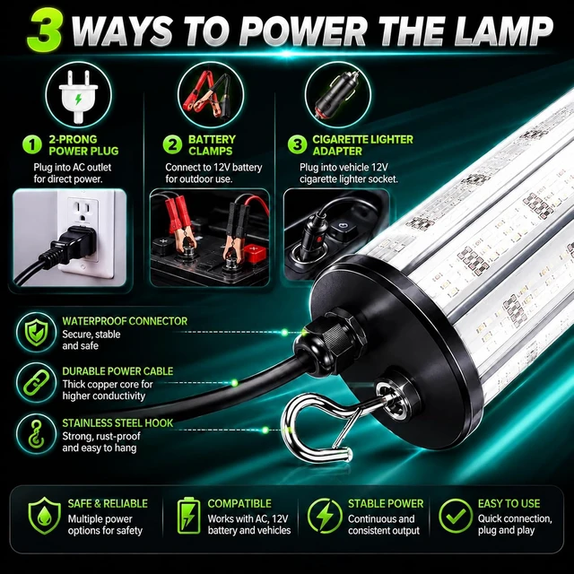 Alt view image 4 of 7 - 60W 7500LM Underwater Fishing Light, 530nm Green Submersible with 30FT Cord & 12V DC Adapter for Night Fishing, Dock & Boat