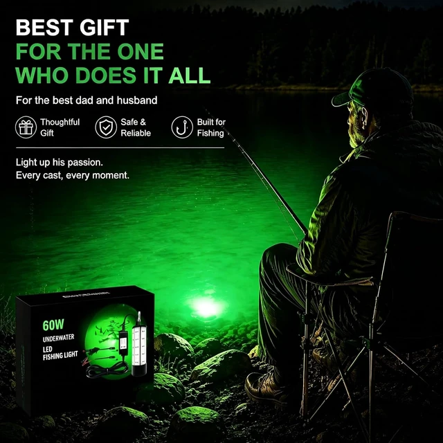 Alt view image 5 of 7 - 60W 7500LM Underwater Fishing Light, 530nm Green Submersible with 30FT Cord & 12V DC Adapter for Night Fishing, Dock & Boat