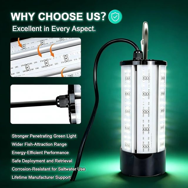 Alt view image 6 of 7 - 60W 7500LM Underwater Fishing Light, 530nm Green Submersible with 30FT Cord & 12V DC Adapter for Night Fishing, Dock & Boat