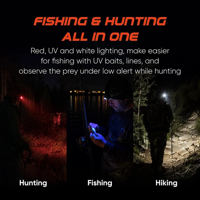 Alt view image 2 of 7 - 740 Lumen LED Headlamp with UV & Red Light for Fishing, Hunting & Camping