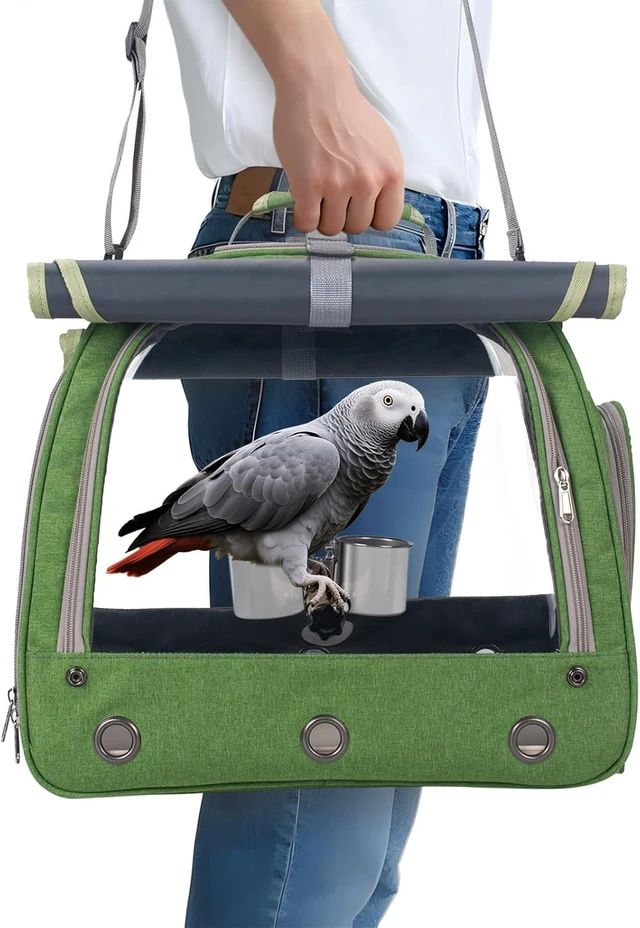 Main image of Parrot Travel Bird Carrier Cage with Perch, Food Bowl, Tray & Breathable Window for Vetting, Camping & Hiking, Green