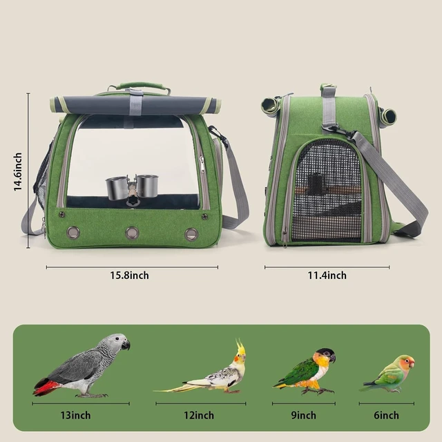 Alt view image 2 of 7 - Parrot Travel Bird Carrier Cage with Perch, Food Bowl, Tray & Breathable Window for Vetting, Camping & Hiking, Green