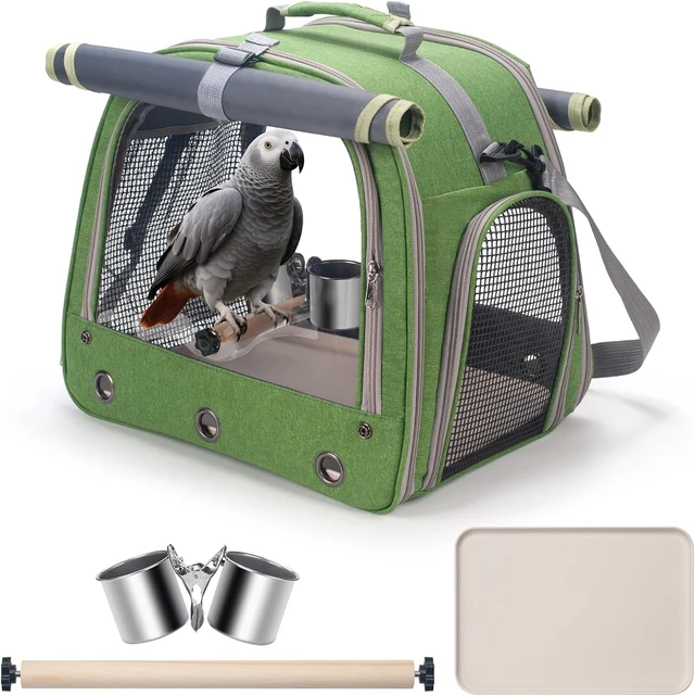 Alt view image 3 of 7 - Parrot Travel Bird Carrier Cage with Perch, Food Bowl, Tray & Breathable Window for Vetting, Camping & Hiking, Green
