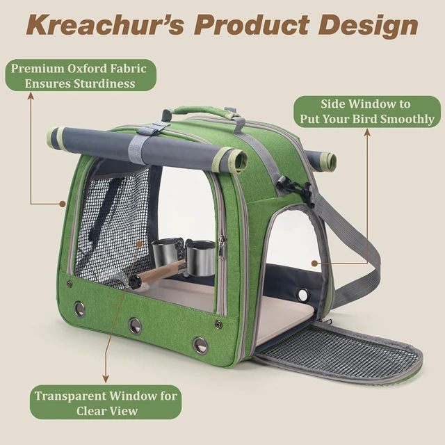 Alt view image 4 of 7 - Parrot Travel Bird Carrier Cage with Perch, Food Bowl, Tray & Breathable Window for Vetting, Camping & Hiking, Green