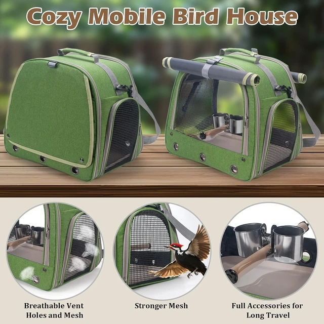 Alt view image 5 of 7 - Parrot Travel Bird Carrier Cage with Perch, Food Bowl, Tray & Breathable Window for Vetting, Camping & Hiking, Green