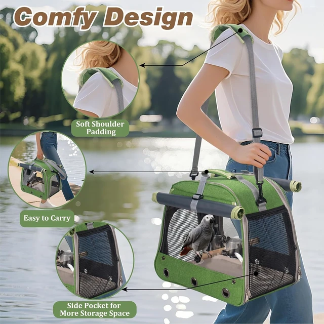 Alt view image 6 of 7 - Parrot Travel Bird Carrier Cage with Perch, Food Bowl, Tray & Breathable Window for Vetting, Camping & Hiking, Green