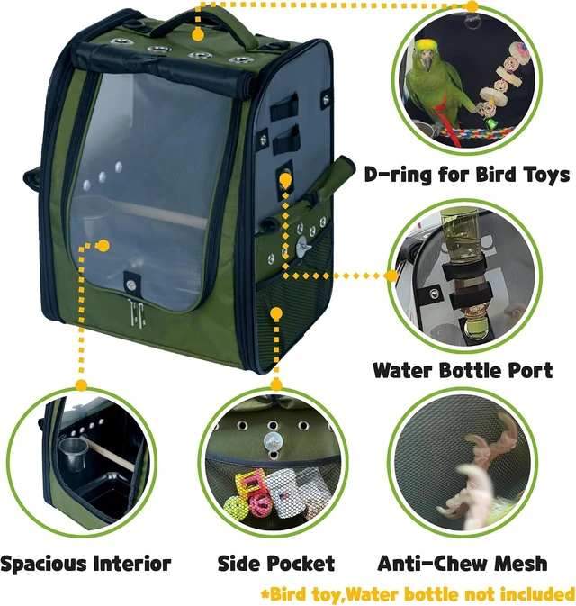 Alt view image 6 of 7 - Breathable Mesh Bird Backpack Carrier with 2 Perches, Food Bowl & Stainless Steel Tray, Dark Olive Green