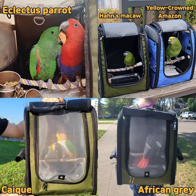 Alt view image 7 of 7 - Breathable Mesh Bird Backpack Carrier with 2 Perches, Food Bowl & Stainless Steel Tray, Dark Olive Green