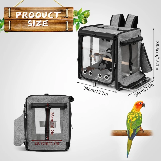 Alt view image 2 of 6 - Bird Backpack Carrier with Seat Belt & Stainless Steel Mesh, Large Travel Cage, Grey