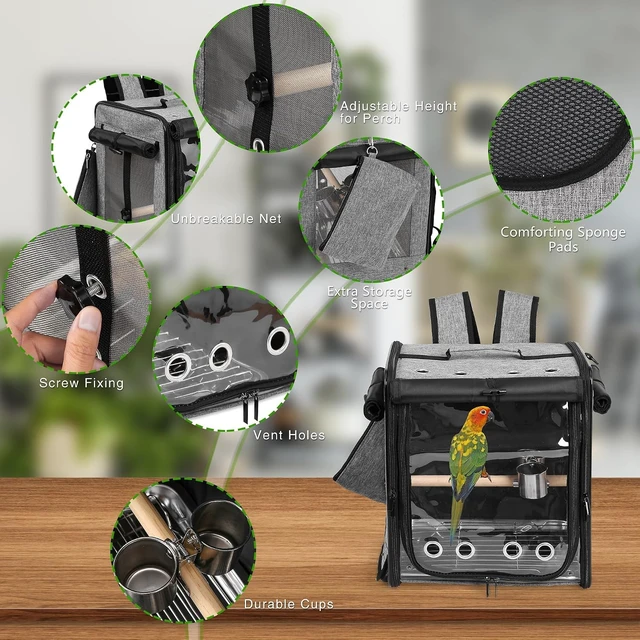 Alt view image 3 of 6 - Bird Backpack Carrier with Seat Belt & Stainless Steel Mesh, Large Travel Cage, Grey