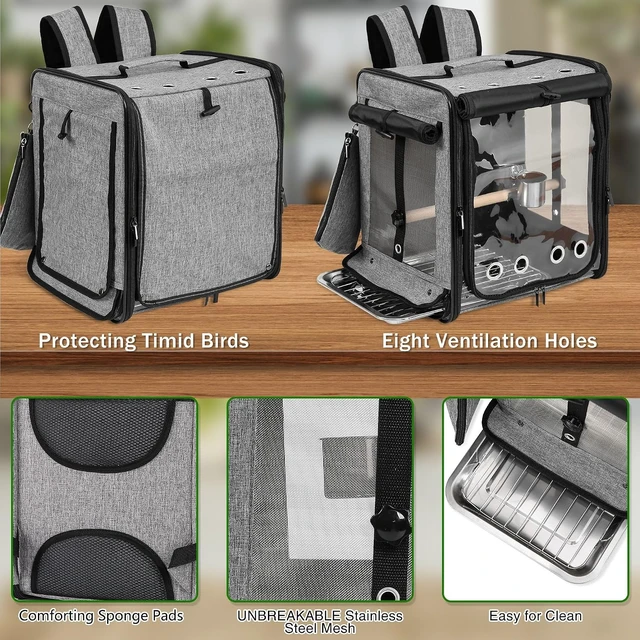 Alt view image 4 of 6 - Bird Backpack Carrier with Seat Belt & Stainless Steel Mesh, Large Travel Cage, Grey