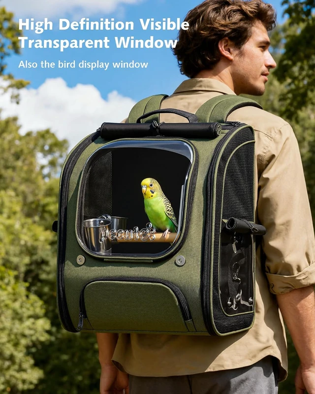 Alt view image 3 of 7 - Bird Backpack Carrier with Standing Perch for Small Parrots, Green