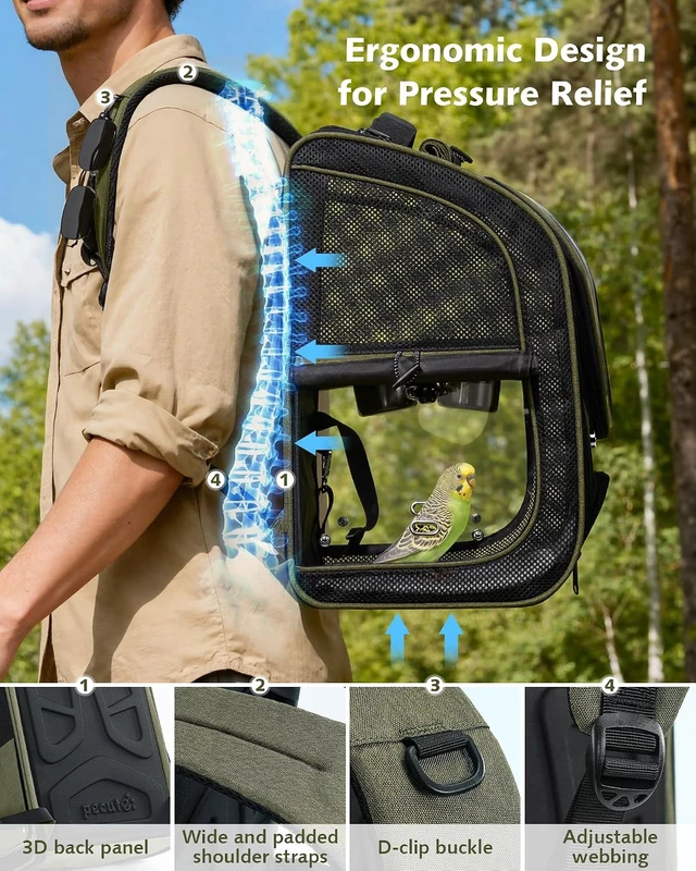 Alt view image 4 of 7 - Bird Backpack Carrier with Standing Perch for Small Parrots, Green
