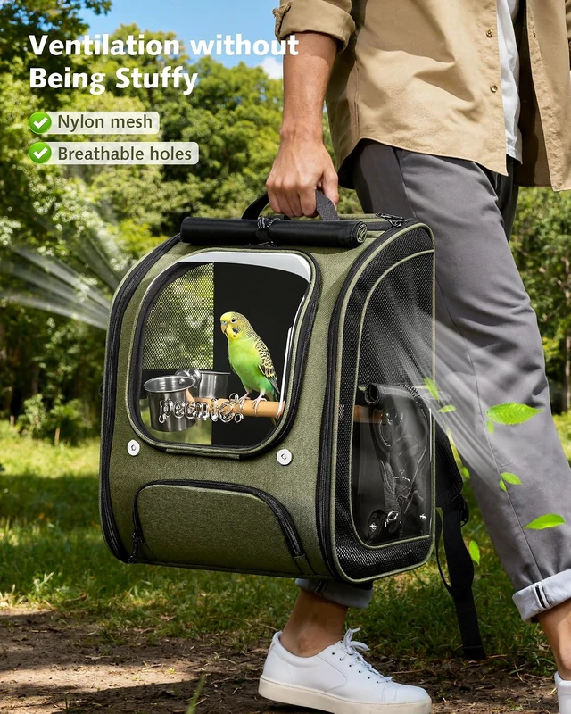 Alt view image 6 of 7 - Bird Backpack Carrier with Standing Perch for Small Parrots, Green