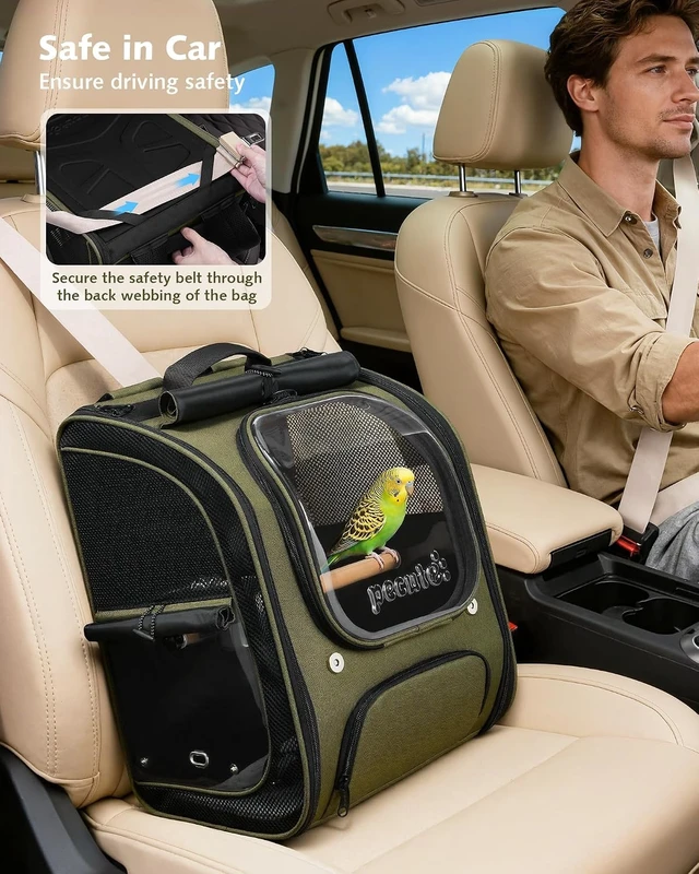 Alt view image 7 of 7 - Bird Backpack Carrier with Standing Perch for Small Parrots, Green