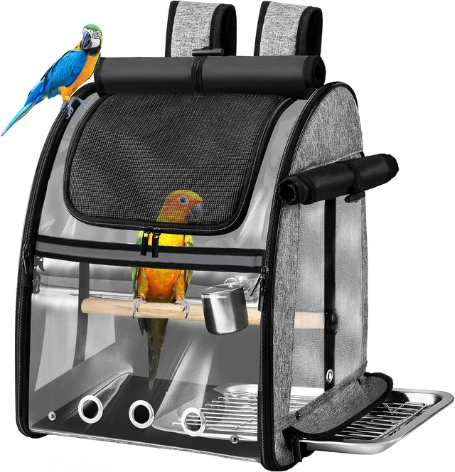 Main image of Bird Carrier Backpack with Stainless Steel Mesh & Stand, Easy-Clean Portable Travel Cage for Parrots, Grey