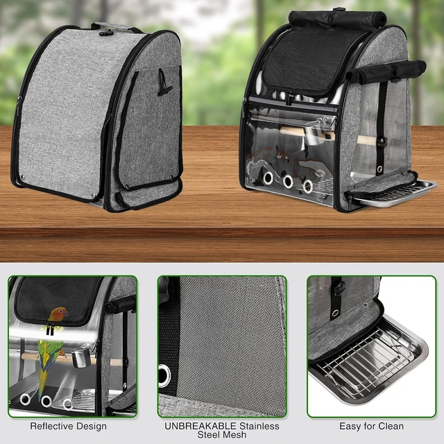 Alt view image 2 of 6 - Bird Carrier Backpack with Stainless Steel Mesh & Stand, Easy-Clean Portable Travel Cage for Parrots, Grey
