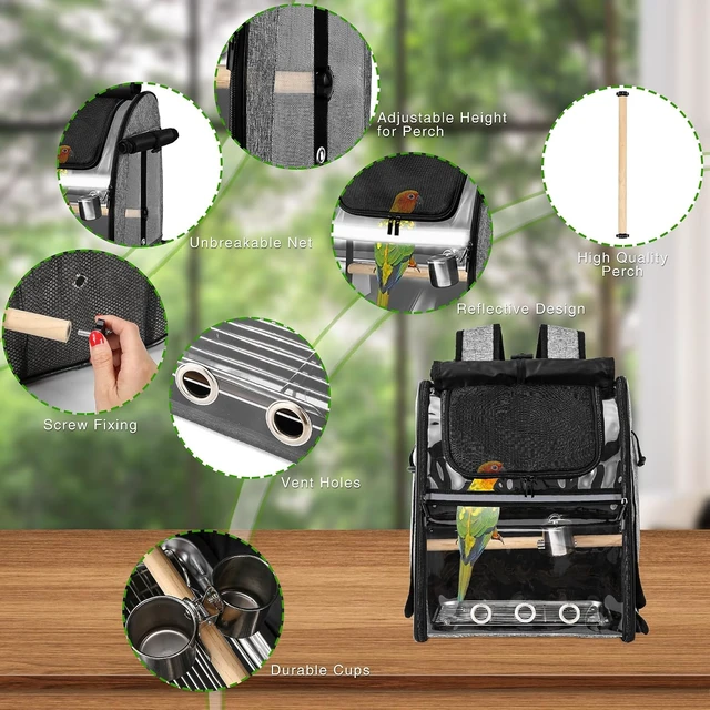 Alt view image 3 of 6 - Bird Carrier Backpack with Stainless Steel Mesh & Stand, Easy-Clean Portable Travel Cage for Parrots, Grey