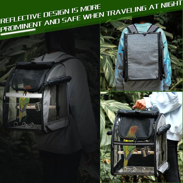 Alt view image 5 of 6 - Bird Carrier Backpack with Stainless Steel Mesh & Stand, Easy-Clean Portable Travel Cage for Parrots, Grey