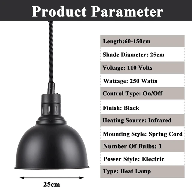 Alt view image 2 of 7 - 250W Infrared Food Warmer Heat Lamp with Retractable Cord, 25cm, Black