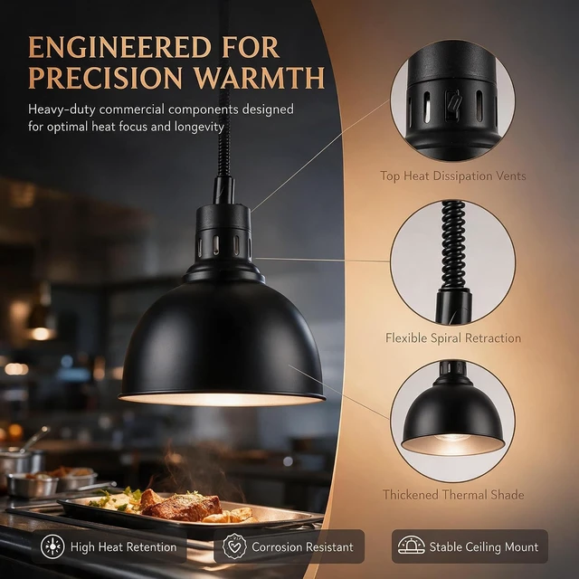 Alt view image 4 of 7 - 250W Infrared Food Warmer Heat Lamp with Retractable Cord, 25cm, Black