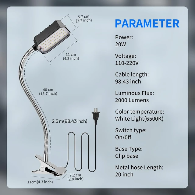 Alt view image 4 of 7 - 2000 Lumen Clamp-On Sewing Machine Light with Metal Clamp Base, 98-inch Cord, Silver