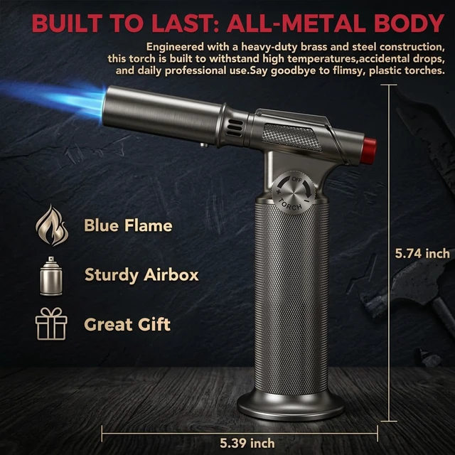 Alt view image 3 of 7 - All-Metal Butane Torch Lighter, Powerful Flame, Gas Not Included