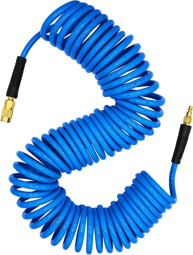 Main image of 3/8" x 50ft Polyurethane Recoil Air Hose with Bend Restrictor & Repairable Quick Coupler, Blue