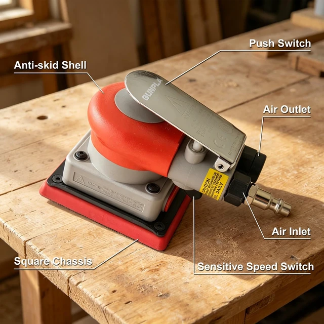 Alt view image 2 of 7 - Air Orbital Sander, 10,000 RPM 75x100mm Square Pneumatic Palm Sander