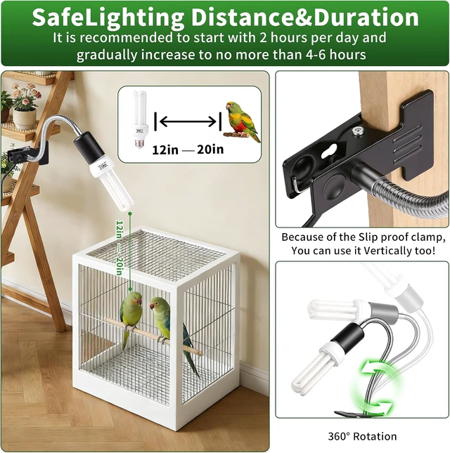 Alt view image 6 of 7 - Bird Cage UVB Light with 360° Rotating Clip Lamp & Two 2.4% UVA/UVB Bulbs