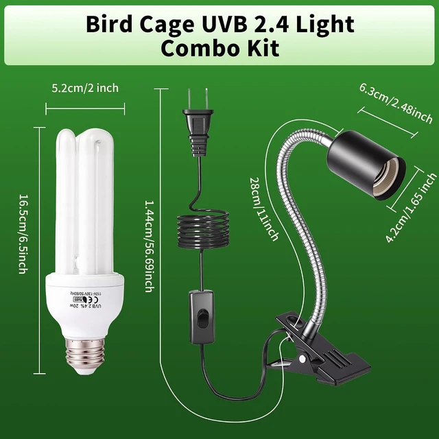 Alt view image 7 of 7 - Bird Cage UVB Light with 360° Rotating Clip Lamp & Two 2.4% UVA/UVB Bulbs
