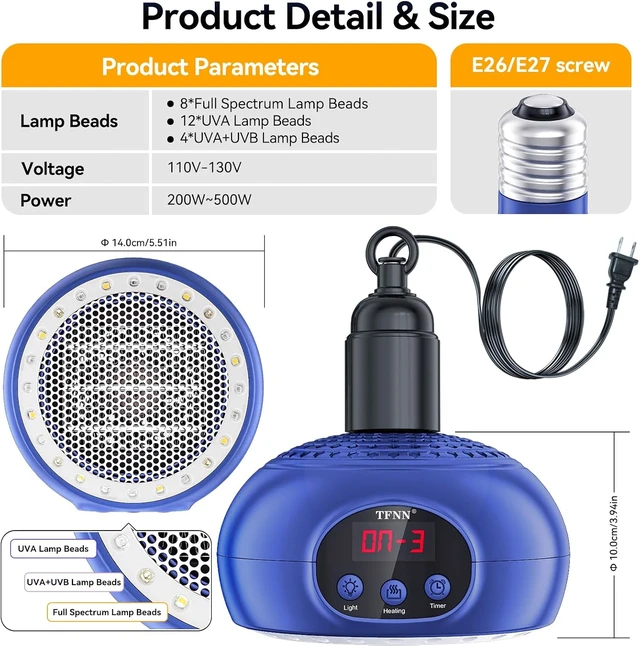 Alt view image 2 of 7 - Chicken Coop Heater Lamp, 200W-500W with UVA/UVB Light & 3-12H Timer, Portable Greenhouse Heater for Reptiles, Rabbits, Dogs & Cats
