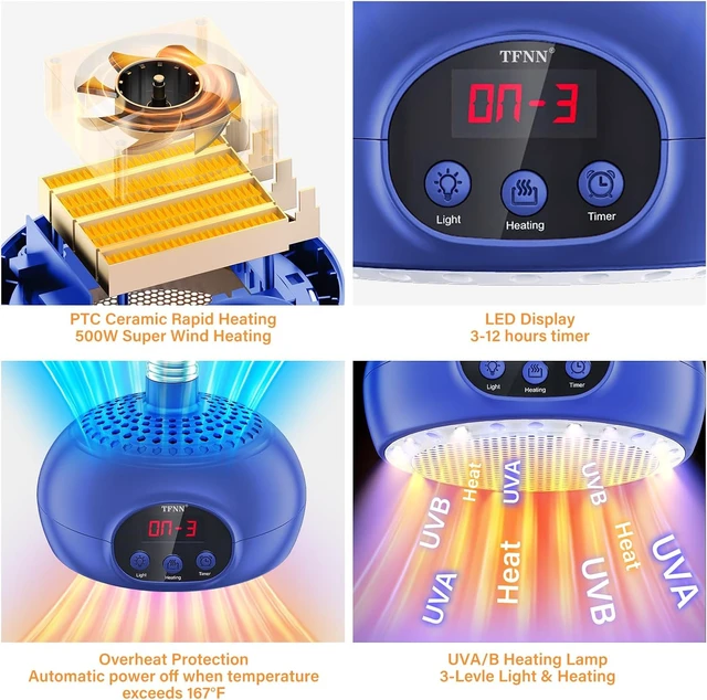 Alt view image 3 of 7 - Chicken Coop Heater Lamp, 200W-500W with UVA/UVB Light & 3-12H Timer, Portable Greenhouse Heater for Reptiles, Rabbits, Dogs & Cats
