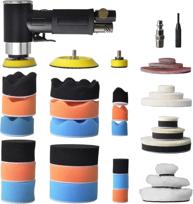 Main image of 48-Piece Mini Random Orbital Air Sander Kit with 1/2/3-Inch Polisher Pads, Sponge & Wool Pads, Sandpapers