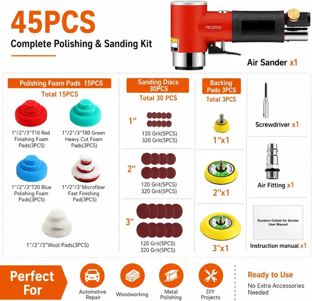 Alt view image 2 of 7 - 1/2/3-Inch Mini Pneumatic Random Orbital Air Sander Kit